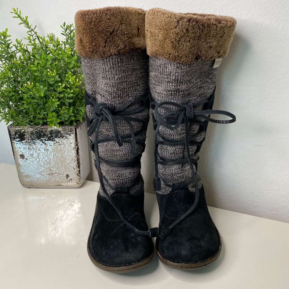 UGG Australia Torrey Tall Winter Boots Black Suede Knit Lace Up Shearling Size 9